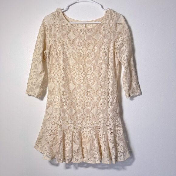 Free People Cream Lace Peplum 3/4 Sleeve Mini Dress - Picture 4 of 7